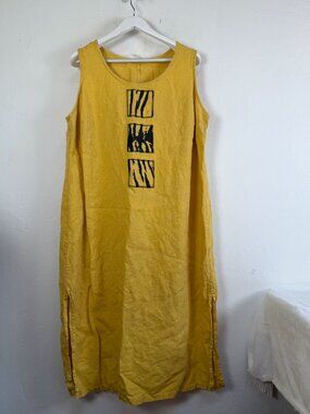 Heavy Linen Yellow Graphic Sleeveless Midi Shift Dress Side Slit Summer Art Boho